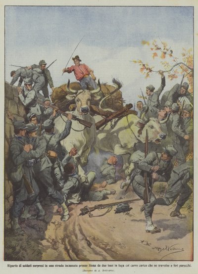Een groep soldaten verrast op een smalle weg bij Siena door twee op hol geslagen ossen met een kar door Achille Beltrame