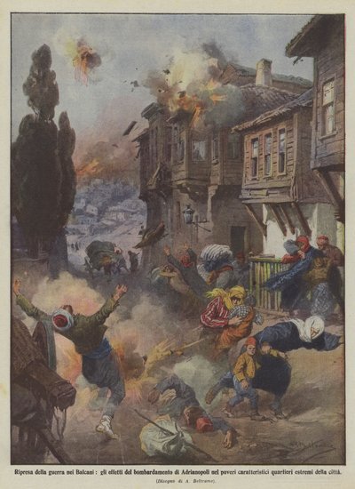 Hervatting van de oorlog op de Balkan, de effecten van het bombardement van Adrianopel op de armen door Achille Beltrame