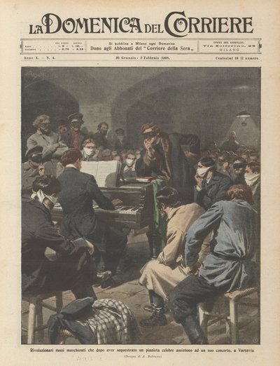 Gemaskerde Russische revolutionairen die na het ontvoeren van een beroemde pianist zijn optreden bijwonen door Achille Beltrame