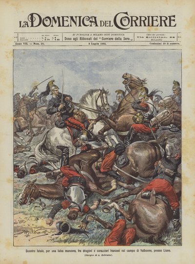 Fatale botsing, door een verkeerde manoeuvre, tussen Franse dragonders en kurassiers op het veld van Valbonne, bij Lyon door Achille Beltrame