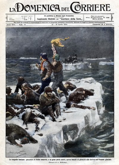 Zeehondenjagers, van wie sommigen stierven, bleven gestrand op het drijvende ijs van de oceaan. Ill. de Beltrame. La Domenica del Corriere. 12-19/04/1914. door Achille Beltrame