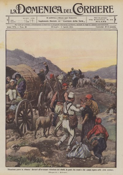 Ernstige situatie in Albanië, voor de oprukkende rebellen vluchten de mensen van de bergen door Achille Beltrame