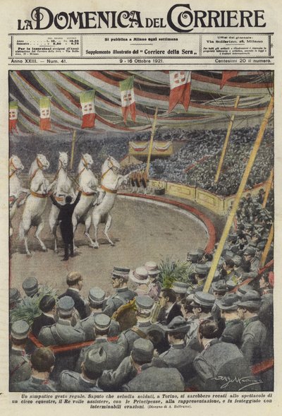 Soldaten kijken naar optredende paarden in een circus in Turijn door Achille Beltrame
