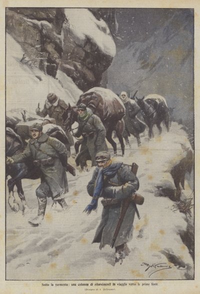 Onder de storm, een bevoorradingskolom op weg naar de frontlinie door Achille Beltrame