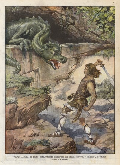 Teatro La Scala, Milaan, gevecht van Siegfried met de draak, in de opera Siegfried van Wagner door Achille Beltrame