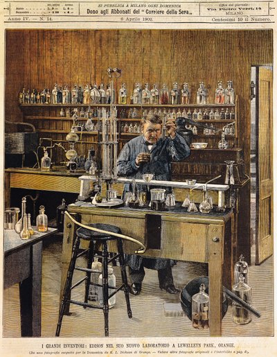 De Amerikaanse uitvinder Thomas Ava Edison (1847-1931) in zijn nieuwe laboratorium in Lewellein Park, Illustratie door Achille Beltrame (1871-1945), La Domenica del Corriere door Achille Beltrame