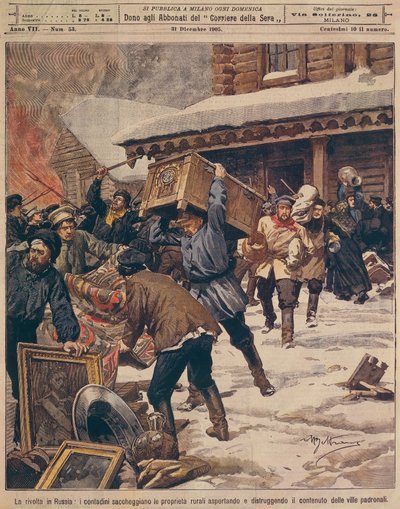 De Russische Revolutie: Boeren plunderen eigendommen van rijke landeigenaren (illustratie) door Achille Beltrame