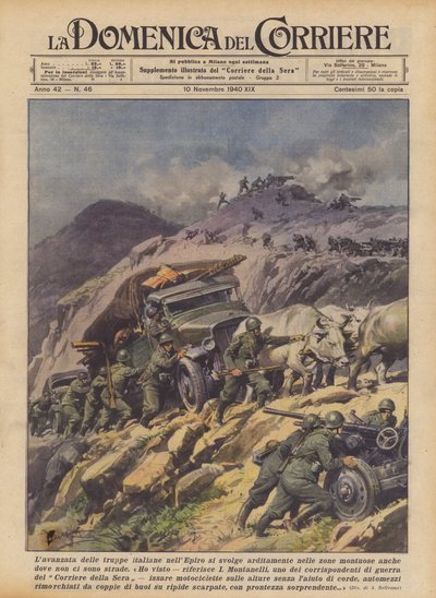 De opmars van Italiaanse troepen in Epirus vindt plaats in bergachtige gebieden zelfs waar geen wegen zijn door Achille Beltrame