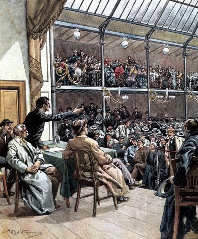 Het ontstaan van de eerste vakbonden in Milaan in 1901. Illustratie van Beltrame. La Domenica del Corriere 1901. door Achille Beltrame