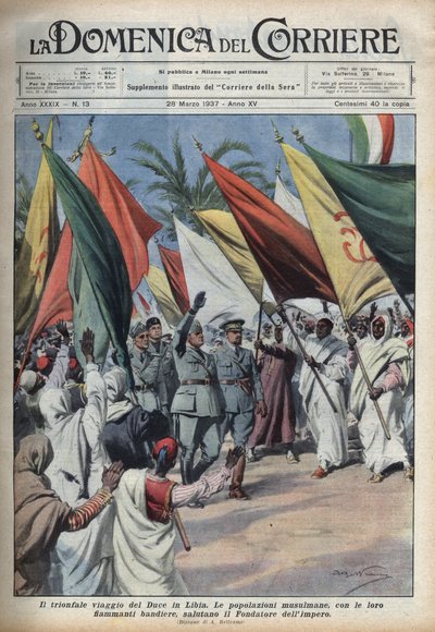De duce Benito Mussolini op reis naar Libië wordt begroet door de menigte. Illustratie van Achille Beltrame in 