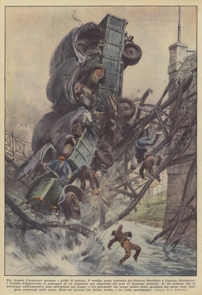 Onder het lawaai van gebroken wapens en kreten van angst, stortte de oude brug gebouwd door de regering door Achille Beltrame
