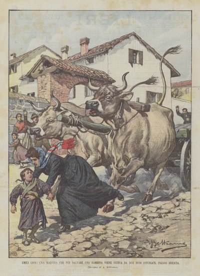 Nederige helden, een lerares die wordt gedood door twee woedende ossen terwijl ze een meisje probeert te redden bij Brescia door Achille Beltrame