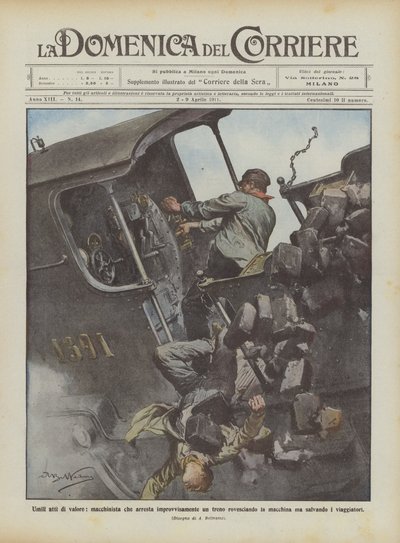 Bescheiden daden van moed, machinist die plotseling een trein stopt en de locomotief omverwerpt door Achille Beltrame