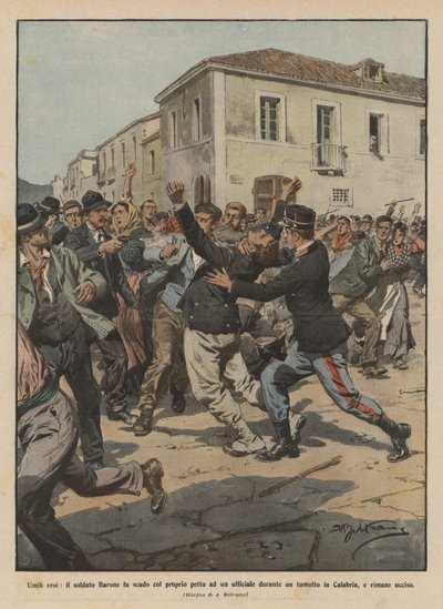 Bescheiden helden, soldaat Barone beschermt een officier met zijn eigen borst tijdens een oproer door Achille Beltrame