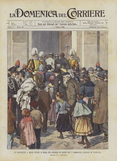 Een banket voor duizend armen van Rome voor het jubileum van Leo XIII, de gasten betreden het Vaticaan door Achille Beltrame