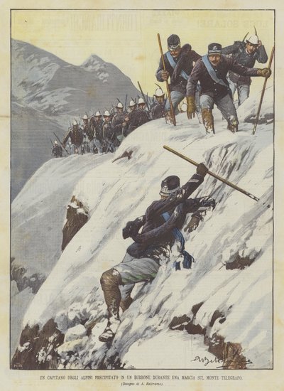 Een kapitein van de Alpen die in een ravijn valt tijdens een mars op de Monte Telegrafo door Achille Beltrame