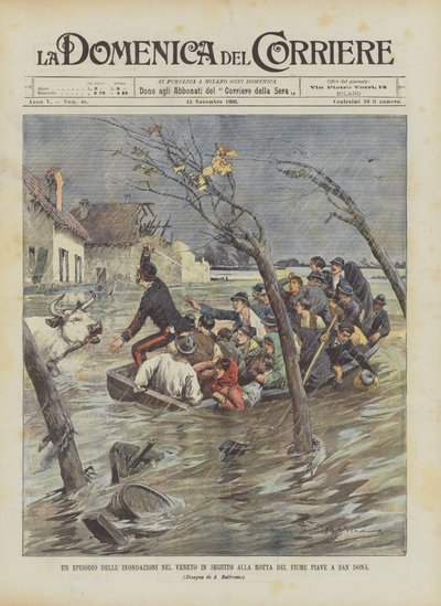 Een episode van de overstromingen in Veneto na de doorbraak van de Piave-rivier bij San Dona door Achille Beltrame