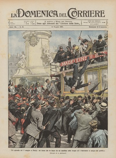 Een incident op 1 mei in Parijs, een Rus die vanuit een omnibus op de troepen schiet door Achille Beltrame