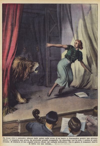 Een levende en echte leeuw, die uit de coulissen op het toneel van een theater in Kopenhagen verscheen terwijl een ? door Achille Beltrame