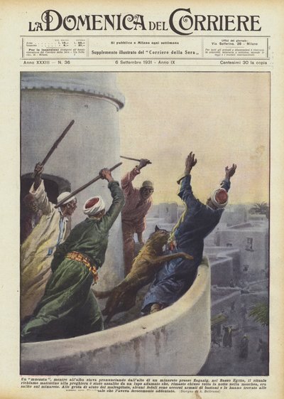 Een muezzin, terwijl hij bij zonsopgang vanaf een minaret bij Zagazig door Achille Beltrame