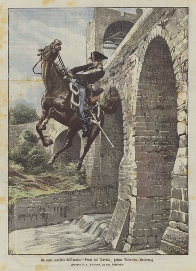 Een dodelijke sprong van de oude Duivelsbrug bij Tolentino (Macerata) door Achille Beltrame