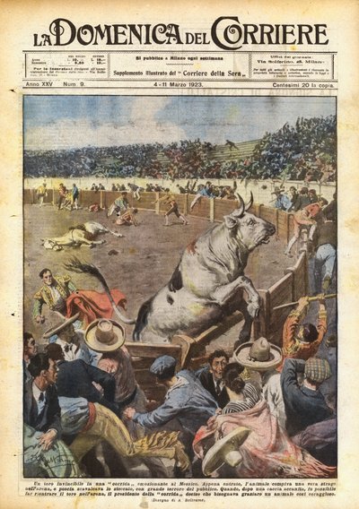 Een onoverwinnelijke stier in een spannende stierengevecht in Mexico door Achille Beltrame
