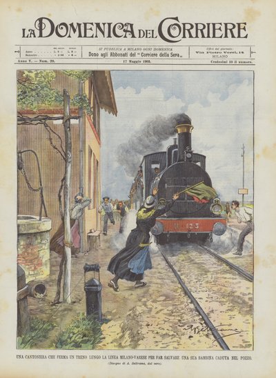 Een spoorwegwachter die een trein stopt op de lijn Milaan-Varese om haar dochtertje te redden dat in een put is gevallen door Achille Beltrame