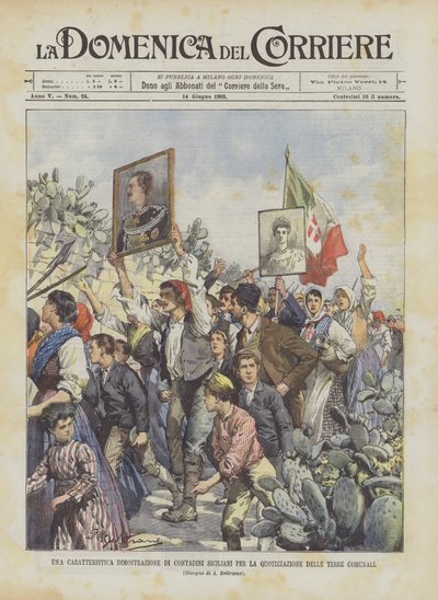 Een karakteristieke demonstratie van Siciliaanse boeren voor de verdeling van gemeenschappelijke gronden door Achille Beltrame