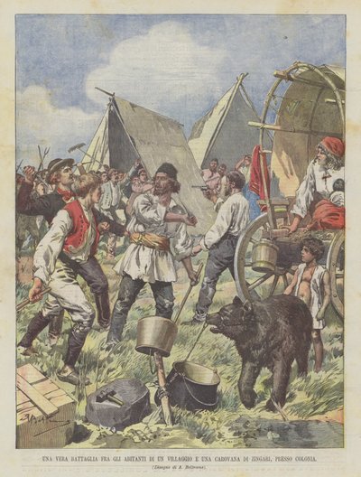 Een echte strijd tussen de inwoners van een dorp en een zigeunerkamp, bij Keulen door Achille Beltrame