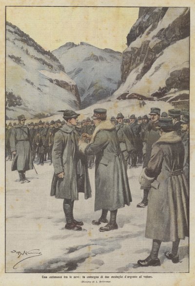 Een ceremonie in de sneeuw, de uitreiking van twee zilveren medailles voor moed door Achille Beltrame