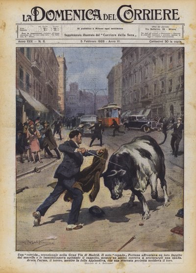 Een uitzonderlijke stierengevecht in de Gran Via van Madrid door Achille Beltrame