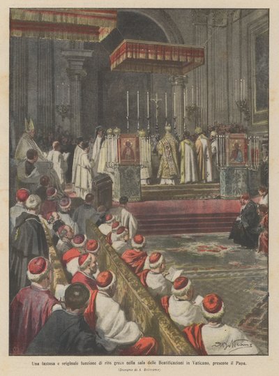 Een weelderige en originele Grieks-rituele ceremonie in de zalen van de zaligverklaringen in het Vaticaan, in aanwezigheid van de paus door Achille Beltrame