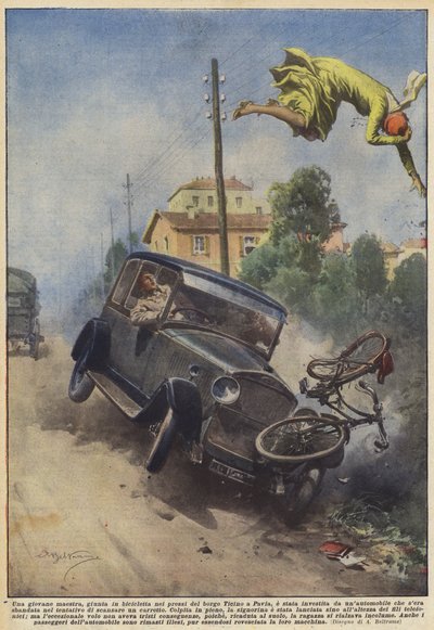 Een jonge lerares, die per fiets arriveerde nabij het dorp Ticino in Pavia, werd aangereden... door Achille Beltrame