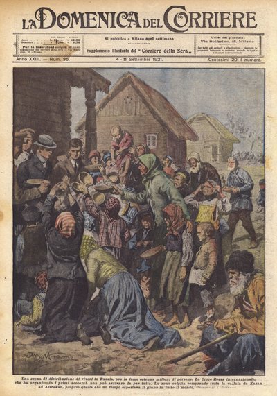 Een scène van voedseluitdeling in Rusland, waar miljoenen mensen honger lijden door Achille Beltrame