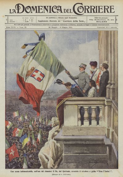 Een onvergetelijke scène, in het uur van de beproeving, de koning zwaait met de driekleur vanaf het Quirinaal en roept Leve Italië! door Achille Beltrame