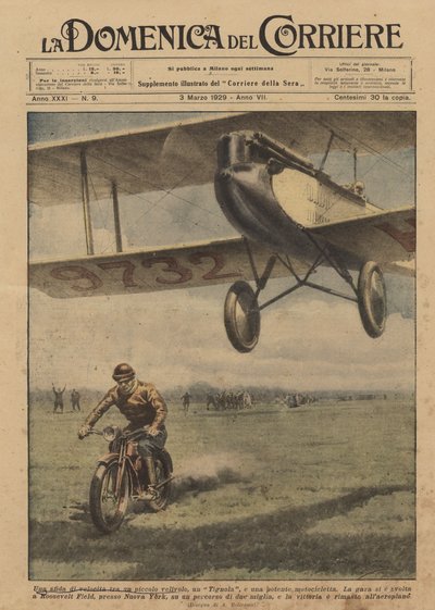 Een snelheidswedstrijd tussen een klein vliegtuig, een mot en een krachtige motorfiets door Achille Beltrame