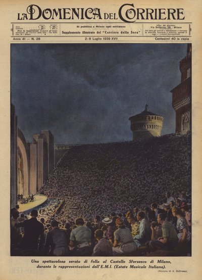 Een spectaculaire avond van menigte in het Castello Sforzesco van Milaan, tijdens de voorstellingen door Achille Beltrame