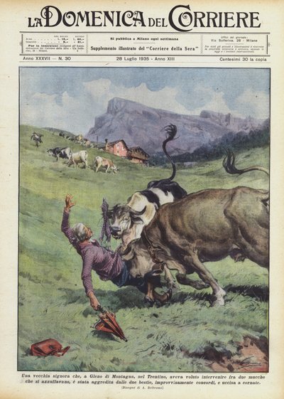 Een oude dame die, in Gleno di Montagna, in Trentino, tussenbeide wilde komen tussen twee ? door Achille Beltrame