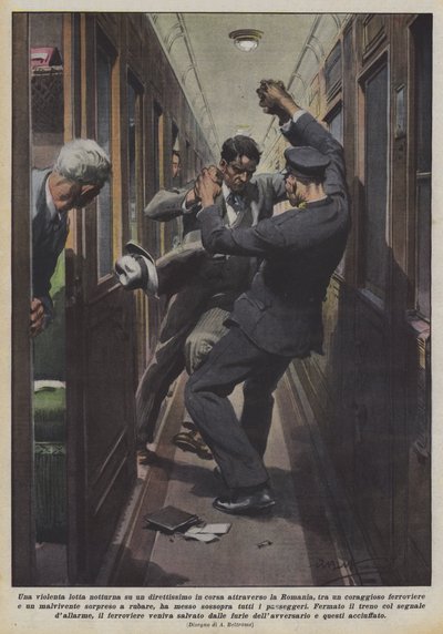 Een gewelddadige nachtelijke strijd op een sneltrein door Roemenië, tussen een moedige man en... door Achille Beltrame