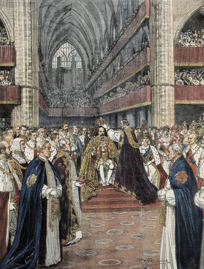 Verenigd Koninkrijk (1901). Kroning van Edward VII in de Westminster Abbey. Illustratie door Achille Beltrame gepubliceerd in Domenica del Corriere. Gravure. door Achille Beltrame