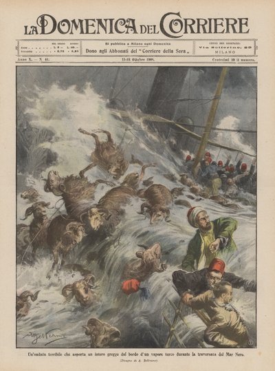 Een verschrikkelijke golf die een hele kudde wegspoelt van de rand van een Turks stoomschip tijdens de oversteek van de Zwarte Zee door Achille Beltrame