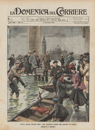 Venetië overstroomd door hoogwater, tijdelijke bruggen en boten op het plein van San Marco door Achille Beltrame