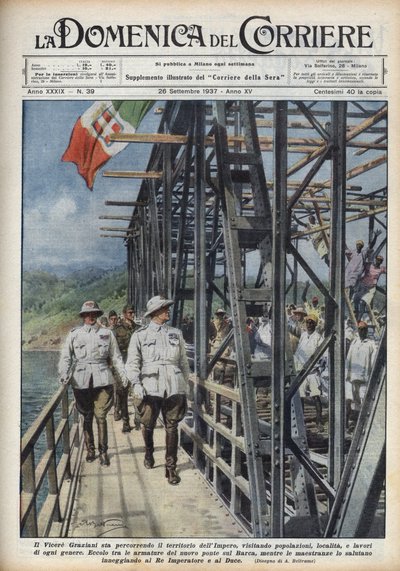 Vicekoning van Ethiopië Rodolfo Graziani, doorkruist Abessijns grondgebied. Illustratie door Achille Beltrame uit 