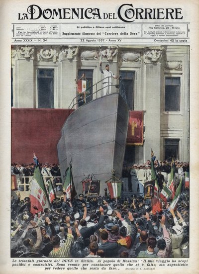 Bezoek van de hertog Benito Mussolini aan Messina tijdens een reis naar Sicilië. Illustratie door Achille Beltrame uit 