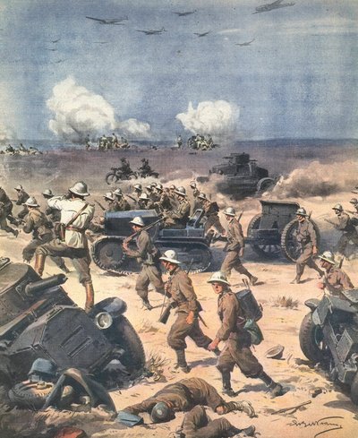 Tweede Wereldoorlog. Libië (Noord-Afrikaanse Campagne). Italiaanse troepen in Cyrenaica trekken op naar Egypte. Illustratie door Antonio Beltrame. 