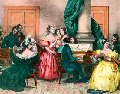 Een muzikale middag in familie Gravure door Achille Deveria (1800-1857) Gravure uit de 19e eeuw. Privécollectie door Achille Devéria