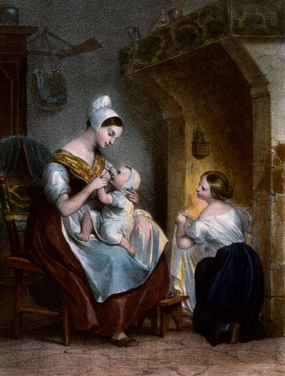 Verpleegster die een baby borstvoeding geeft. Lithografie, c.1850 door Achille Devéria