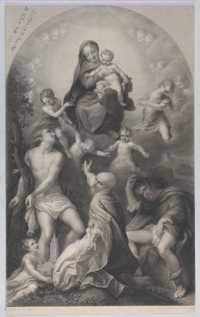 De Madonna van Sint Sebastiaan, met de Maagd en Kind, omringd door engelen, kijkend..., 1847 door Achille Désiré Lefèvre