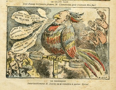 Illustratie door Achille Lemot (1846-1909) in Le Pelerin, 26/01/08 - De grote pauw - Staking, Socialisme, Carmaux, Humanité (dagblad) - Jaurès Jean, Papegaai door Achille Lemot