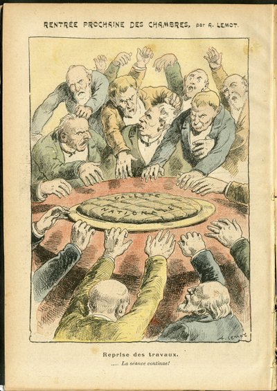 Illustratie van Achille Lemot (1846-1909) in Le Pelerin, 03/06/06 - Volgende verhuur van de kamers - Antiparlementarisme, Kamer van Afgevaardigden Hemicycle, Galette des rois - Afgevaardigde door Achille Lemot